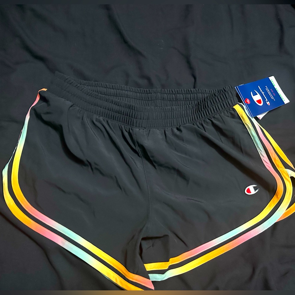 Champion black shorts with multi rainbow piping back pocket